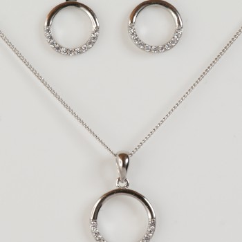 Sterling Silver/CZ Open Circle Pendant and Chain with Stud Earrings